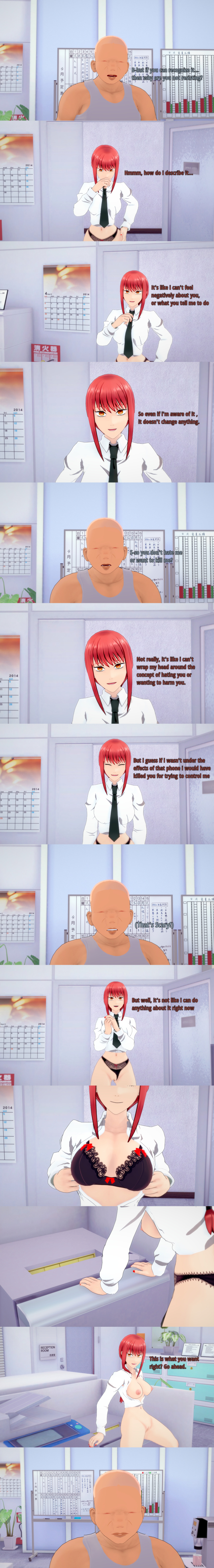 absurdres aware bald bottomless bra breasts censored chainsaw_man chubby clothed dialogue english_text fat femsub makima_(chainsaw_man) maledom nipples no_eyes nude panties phone pussy red_hair ring_eyes sugus text ugly_bastard underwear undressing undressing_command yellow_eyes