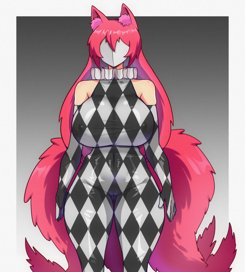 animal_ears anno_(anno) ass bare_shoulders bodysuit breasts drone dronification expressionless faceless female_only femsub fox_girl gloves kitsune_girl konaloid large_breasts latex mask multiple_tails opera_gloves original red_hair standing standing_at_attention tail