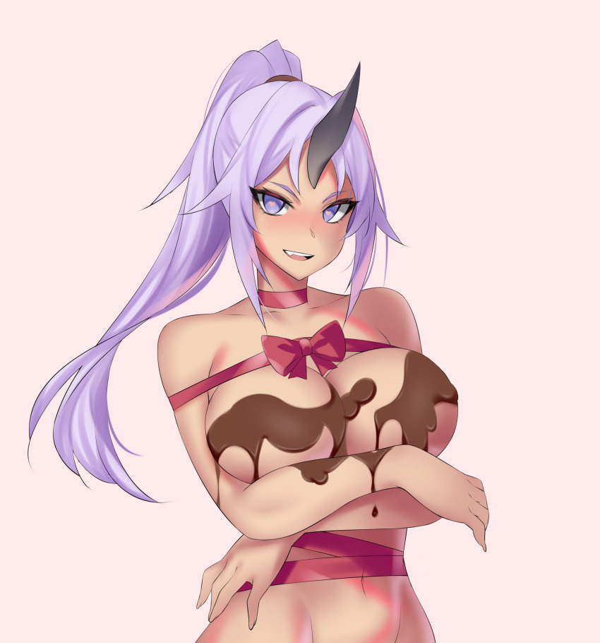 absurdres bottomless breasts chocolate cleavage empty_eyes female_only femsub happy_trance heart heart_eyes hevn horns large_breasts long_hair looking_at_viewer naked_ribbon navel oni_girl open_mouth ponytail purple_hair ribbon shion_(tensei_slime) solo symbol_in_eyes that_time_i_got_reincarnated_as_a_slime valentine's_day