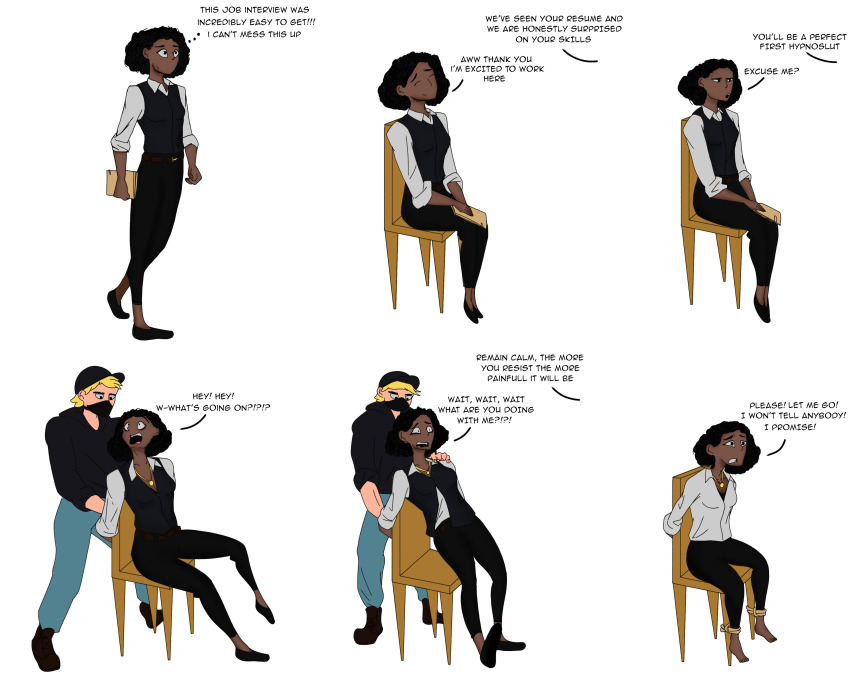 absurdres afro barefoot betrayal black_hair chair confused dark_skin dialogue female_only femsub maledom restrained scared sequence speech_bubble suit text tragicsolitudedragon underwear undressing unhappy_trance