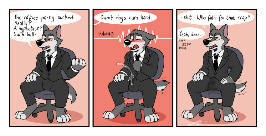 before_and_after blueballs blush chair clothed comic cum cum_in_clothing denial dialogue furry handsfree_ejaculation male_only malesub non-human_feet office orgasm orgasm_command paws simple_background sitting suit text trigger unaware wolf_boy