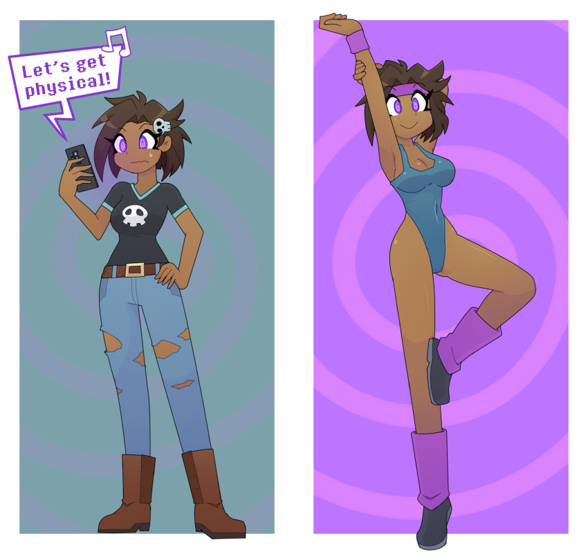 armpits arms_above_head bare_legs before_and_after boots bracelet brown_hair cell_phone exercise female_only femsub hair_ornament hand_on_hip headband jeans leg_warmers leotard phone posing purple_eyes rakuma-imp shirt short_hair simple_background solo speech_bubble spiral_background spiral_eyes symbol_in_eyes tagme text torn_clothes