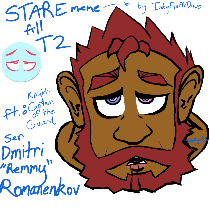 beard dark_skin dazed dmitri_"remmy"_romanenkov_(notfromoz) drool dungeons_and_dragons inkyfluffsdraws looking_at_viewer male_only malesub meme notfromoz open_mouth original red_hair ring_eyes signature simple_background solo tagme text white_background