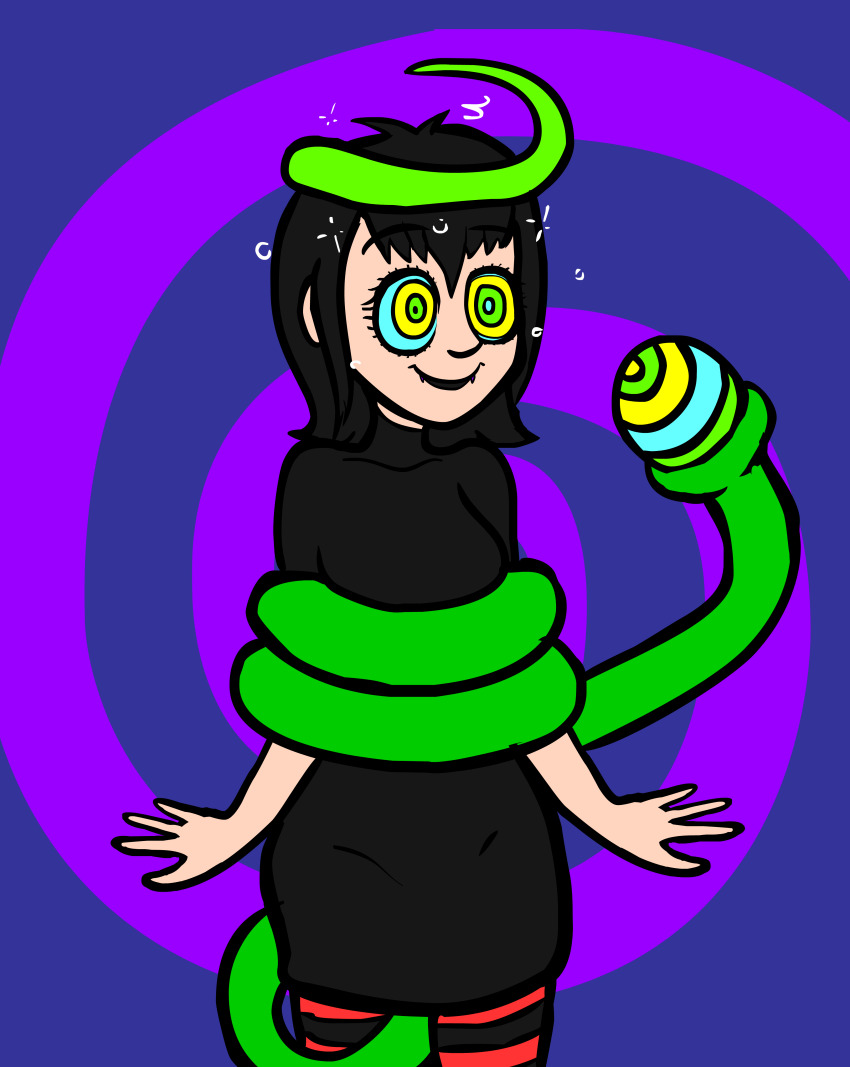 absurdres androgynous androgynous_dom black_hair coils femsub happy_trance hotel_transylvania hypnotic_eyes kaa_eyes mavis_(hotel_transylvania) short_hair simple_background smile tentacles terrie thighhighs vampire
