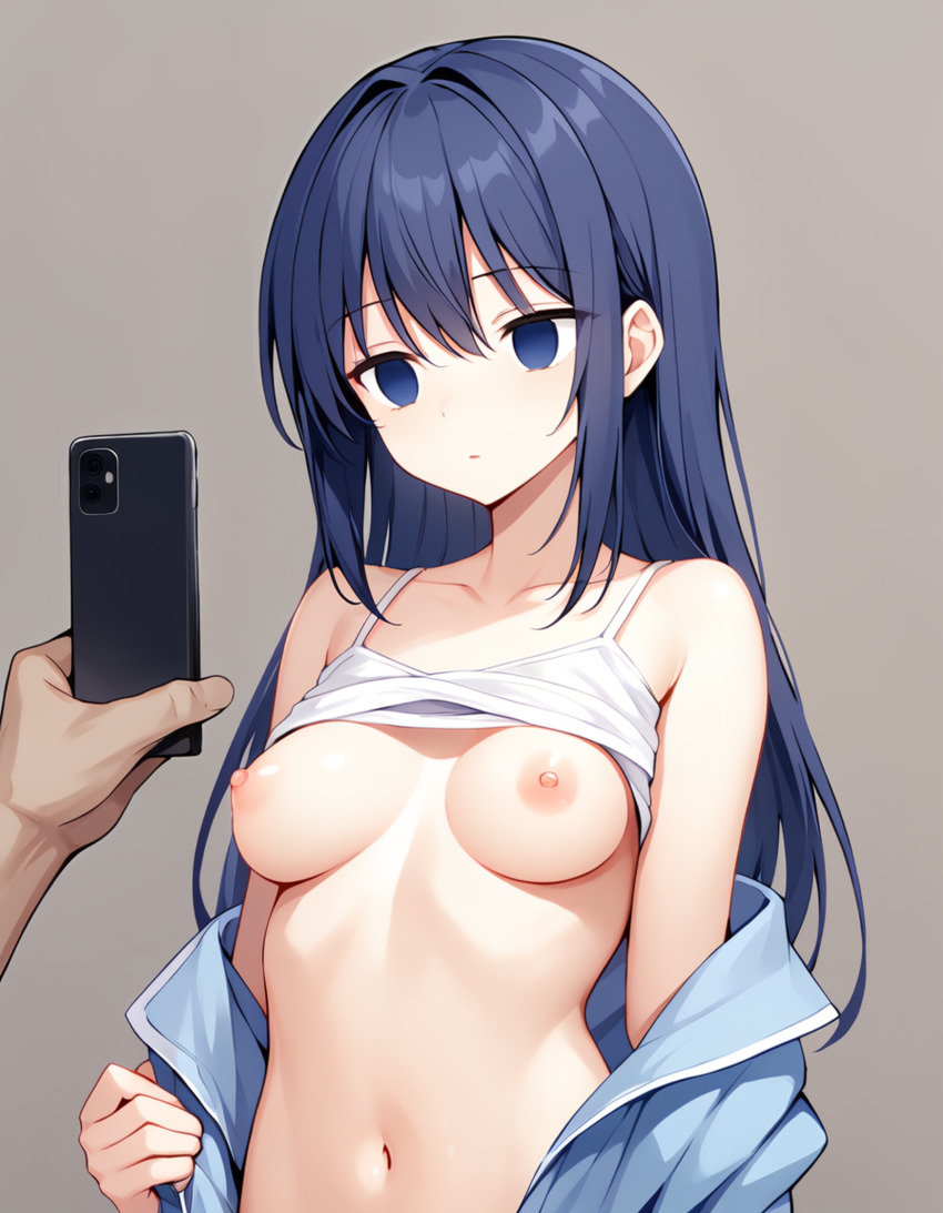 ai_art blue_eyes blue_hair blush breasts breasts_outside cell_phone collarbone empty_eyes expressionless female_only femsub gradient_background krump_(generator) navel nipples open_clothes open_mouth original phone shirt_lift simple_background solo stable_diffusion_(ai) tech_control topless undressing