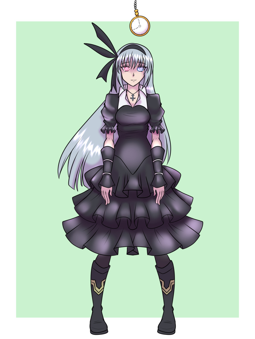 absurdres arm_bands blue_eyes boots border clock clothed dress eyebrows_visible_through_hair female_only femsub green_background hair_ornament hair_ribbon heterochromia jewelry katsiika long_hair luminous_valentine necklace pendulum pocket_watch red_eyes ribbon silver_hair simple_background spiral_eyes symbol_in_eyes that_time_i_got_reincarnated_as_a_slime vampire
