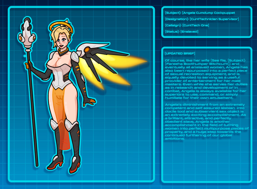 absurdres alternate_costume armor bad_end blonde_hair blue_eyes boots character_profile cleavage clipboard collar collarbone dildo female_only femsub hair_ornament halo happy_trance high_heels lab_coat large_breasts maledom mercy open_clothes overwatch pussy see-through sexism sexuality_change simple_background single_hair_bun smile staff text unlikely wings