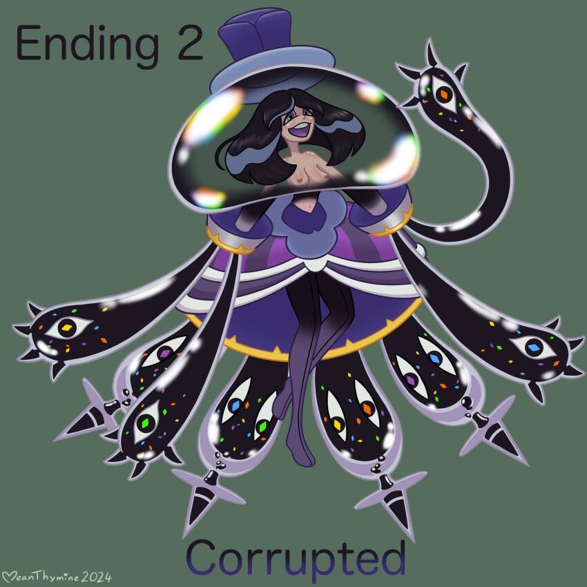altered_common_sense alternate_color_scheme alternate_costume alternate_form alternate_hair_color bare_shoulders black_hair breasts clothed_exposure evelyn_(pokemon) exposed_chest happy_trance hat long_hair meanthymine nintendo nipples pantyhose pokemon pokemon_(creature) pokemon_sun_and_moon pokemon_x_and_y restrained tentacles text topless transformation ub-01