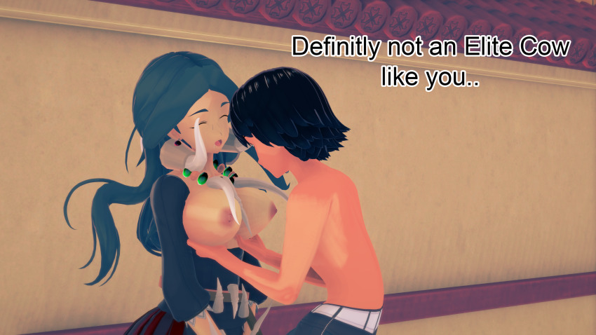 altered_perception ash_ketchum black_hair breast_grab breasts breasts_outside closed_eyes clothed dialogue drasna_(pokemon) english_text femsub maledom mustardsauce nipples pokemon pokemon_(anime) text topless unaware