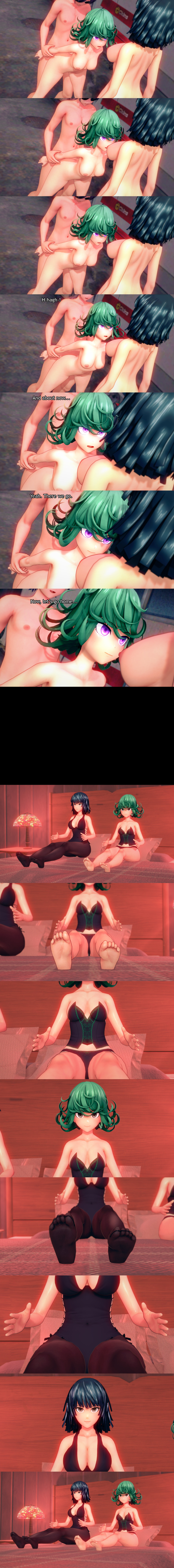 absurdres barefoot black_hair breasts clothed dialogue dollhouse empty_eyes english_text expressionless femsub fubuki_(one_punch_man) green_eyes green_hair lingerie maledom multiple_girls multiple_subs nipples nude one_punch_man pink_eyes sequence sex short_hair sisters sitting standing_at_attention sunglasses tatsumaki_(one_punch_man) text vaginal