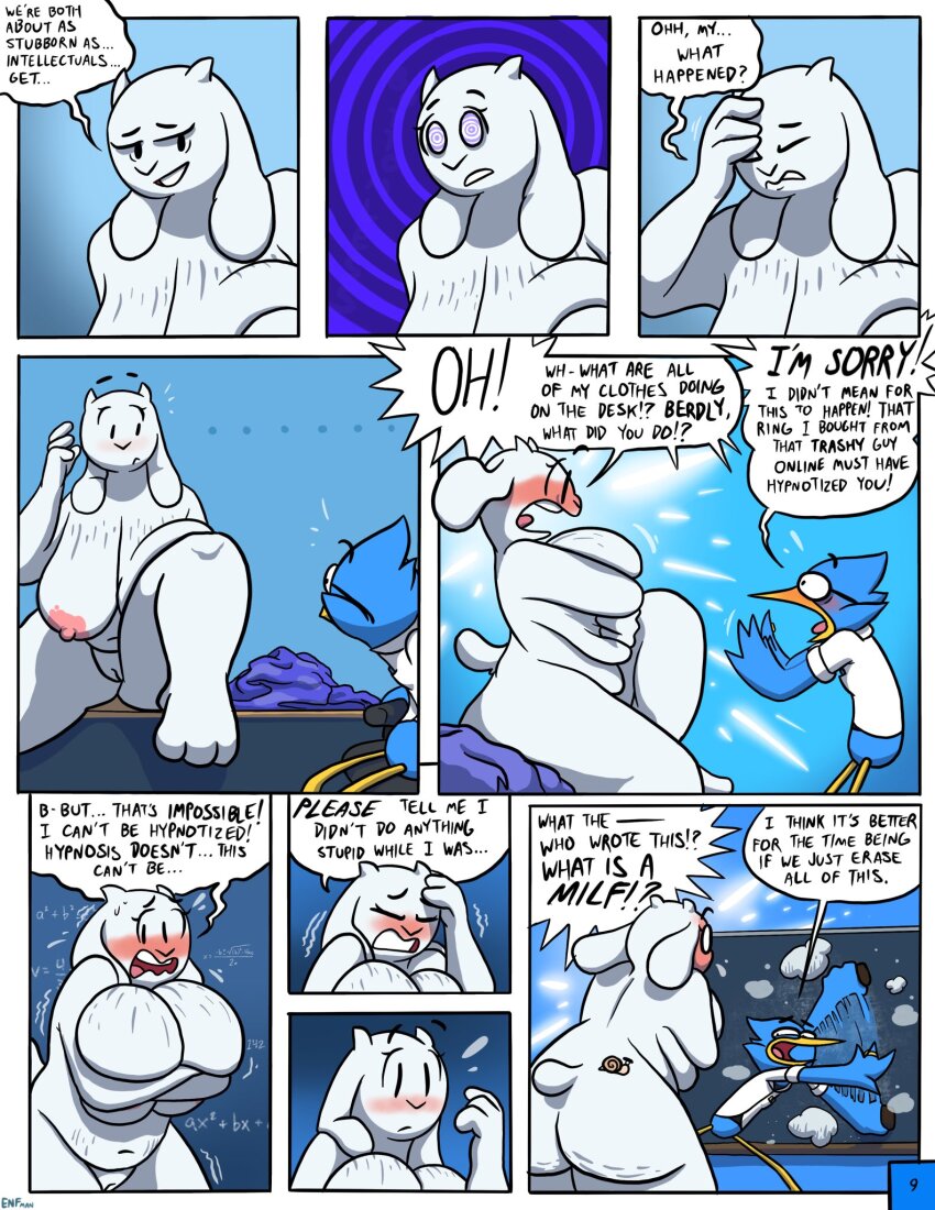 altered_common_sense berdly_(deltarune) bottomless breasts comic deltarune embarrassed femsub furry goat_girl huge_breasts humor maledom nude pussy tagme text theenfman topless toriel_dreemurr trance_break