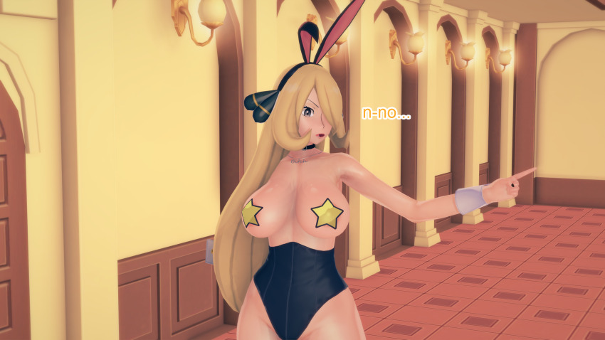 aware blonde_hair breasts bunny_ears bunnysuit clothed clothed_exposure cynthia dialogue english_text female_only grey_eyes hair_covering_one_eye mustardsauce pokemon pokemon_(anime) solo text