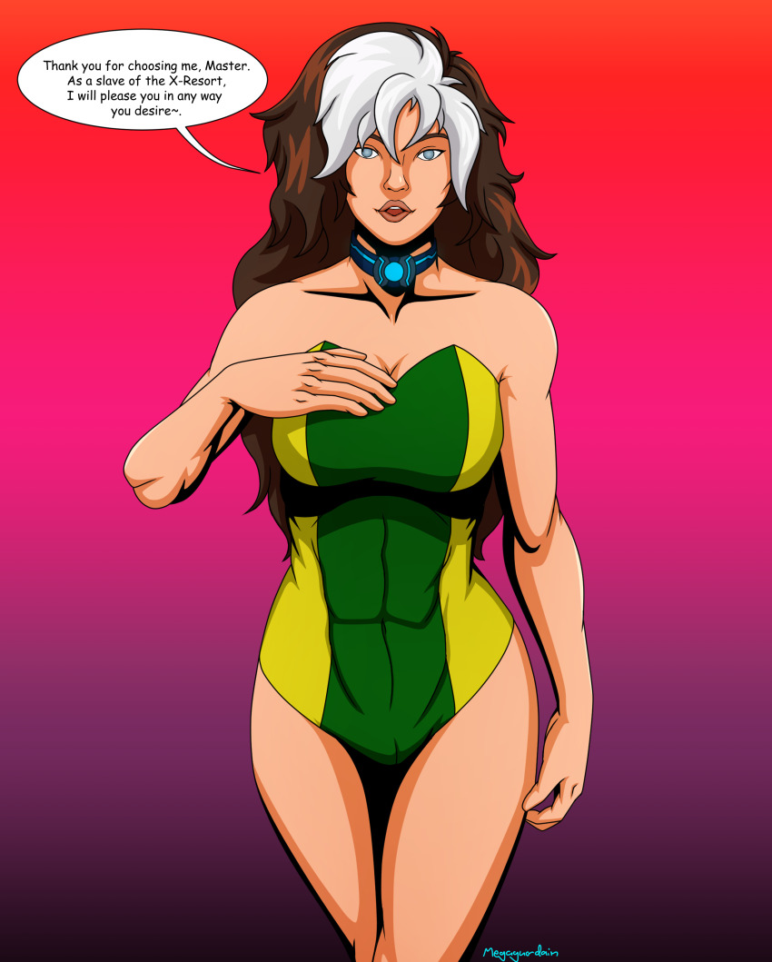 abs absurdres bare_legs brown_hair cameltoe collar collarbone dialogue empty_eyes female_only femsub gradient_background grey_eyes hypnotic_accessory long_hair looking_at_viewer maledom marvel_comics megaguardain muscle_girl open_mouth rogue signature simple_background smile speech_bubble standing tagme tech_control text x-men