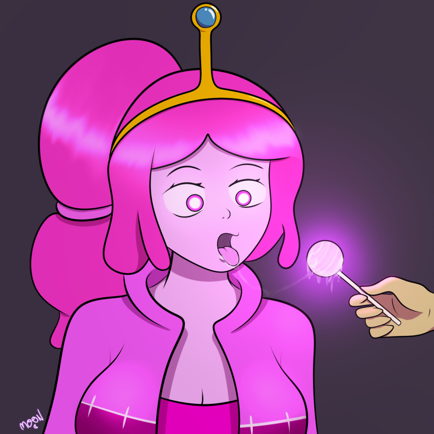 adventure_time cleavage clothed crown drool glowing glowing_eyes hypnotic_food jacket licking lollipop long_hair m00n_key open_mouth pink_eyes pink_hair pink_skin ponytail princess princess_bubblegum signature simple_background tongue tongue_out