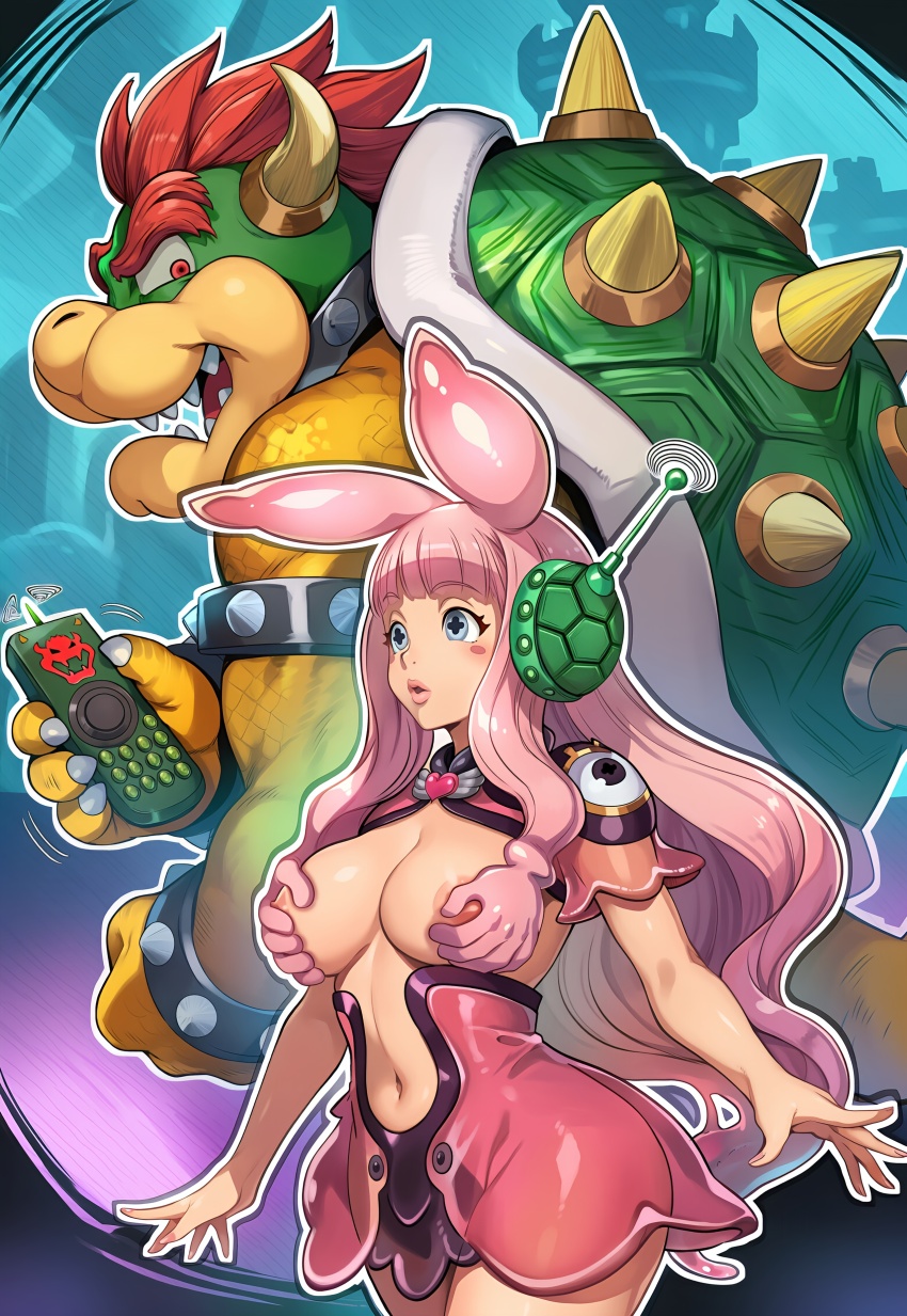 absurdres ai_art antenna blue_eyes bowser bunny_ears claws crossover earpiece empty_eyes expressionless femsub heart hellsing002_(generator) large_breasts long_hair maledom melona nintendo nipples pink_hair queens_blade remote_control scales sharp_teeth slime super_mario_bros. tech_control turtle_boy unusual_pupils