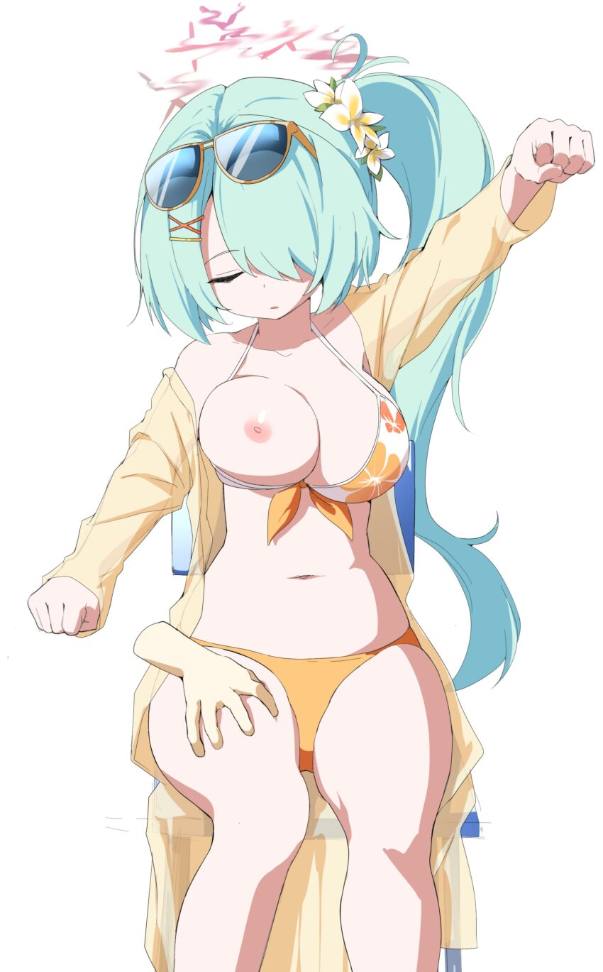 absurdres arm_levitation bare_legs bikini bikini_bottom bikini_top blue_archive breasts closed_eyes etlabsotwe femsub green_hair groping hair_clips hair_covering_one_eye hiyori_tsuchinaga navel nipples one_breast_out phantom_hand side_ponytail simple_background sitting sunglasses swimsuit thighs very_long_hair white_background