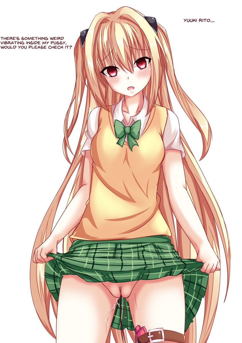 absurdres blonde_hair blush female_only femsub glowing glowing_eyes golden_darkness happy_trance long_hair looking_at_viewer open_mouth pussy pussy_juice red_eyes school_uniform sex_toy skirt skirt_lift solo text to_love_ru to_love_ru_darkness vahn_yourdoom vibrator yakai