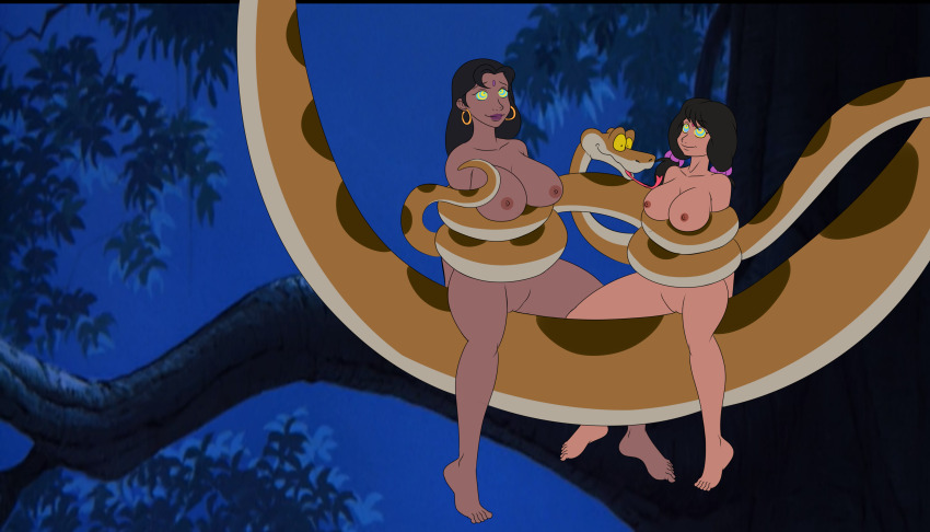 aged_up bare_legs bare_shoulders barefoot black_hair bottomless breasts coils dark_skin disney earrings feet forked_tongue happy_trance jungle kaa kaa_eyes katsiika lipstick long_hair mother_and_daughter night nude restrained shanti shanti's_mother smile snake tail the_jungle_book topless trees twintails