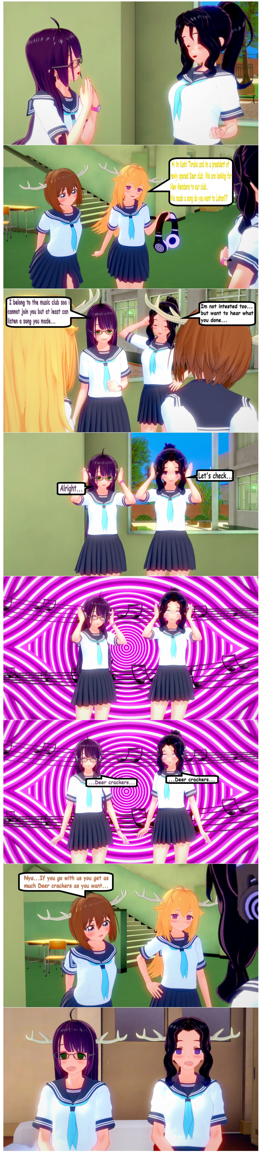 3d black_hair blonde_hair brown_hair drool empty_eyes femsub headphones hypnotic_audio koikatsu! my_deer_friend_nokotan noko_shikanoko original purple_hair school_uniform shrunken_irises surrisaki tagme text tina_(surrisaki) torako_koshi