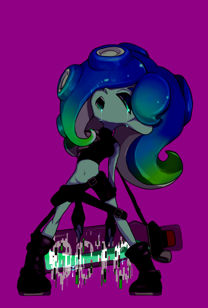 blue_hair boots dronification drool expressionless female_only femsub fingerless_gloves green_hair hair_covering_one_eye midriff nintendo octoling octoling_girl open_mouth sanitized_(splatoon) sanitized_ink sheep_pict short_shorts simple_background solo splatoon splatoon_2 tears tentacles text