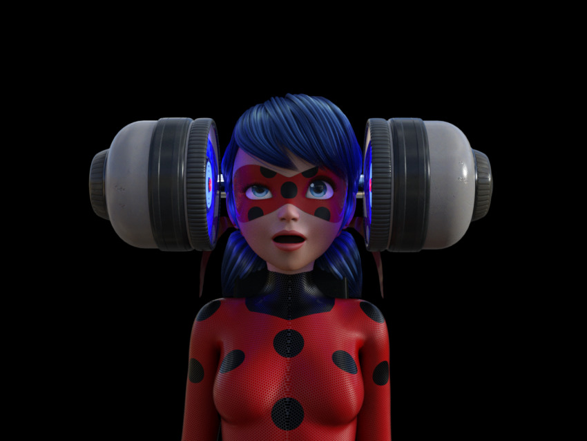 3d black_background blue_eyes blue_hair bodysuit eye_roll femsub hypnovideotoo marinette_dupain-cheng mask miraculous_ladybug open_mouth simple_background standing super_hero tech_control twintails
