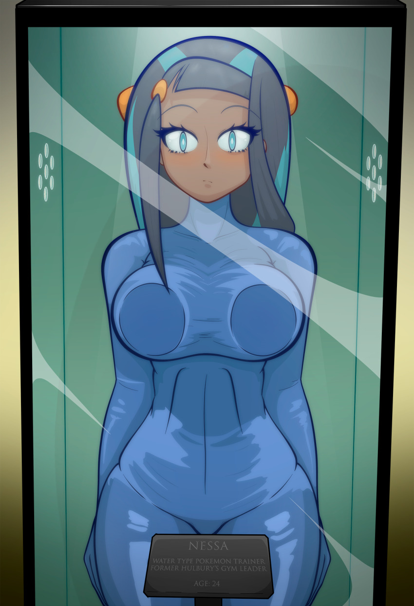 absurdres against_glass black_hair blue_eyes bodysuit breasts dark_skin disguised_hypnotist empty_eyes expressionless femsub glass latex nessa_(pokemon) nintendo pokemon pokemon_sword_and_shield standing standing_at_attention tagme text