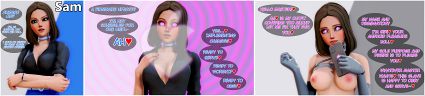 3d absurdres angry b0bb1t blue_eyes bracelet breasts brown_hair cell_phone choker cleavage collar collarbone comic crossed_arms dialogue english_text female_only femsub freckles glowing_eyes happy_trance heart heart_eyes long_hair looking_at_viewer maledom mind_hack nipples opera_gloves phone pink_eyes ring_eyes robot_girl sam_(samsung) samsung shirt_lift simple_background smile speech_bubble spiral_background symbol_in_eyes text undressing
