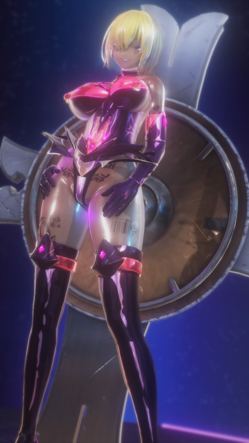 3d alternate_costume armor ass barcode bare_shoulders before_and_after blonde_hair breast_expansion breasts choker cleavage clothed_exposure corruption dark_skin english_text evil_smile fate/grand_order fate_(series) female_only femsub gloves glowing hair_covering_one_eye huge_breasts hypnotic_light koikatsu! large_ass looking_back mashu_kyrielight midriff navel nipples opera_gloves pink_eyes posing see-through shield simple_background smile solo taihou1944 tattoo text thighhighs thighs transformation