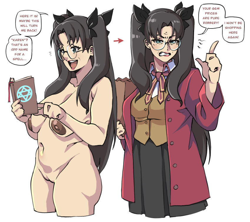 accidental_hypnosis age_progression aged_up black_hair blue_eyes book breasts clothed dialogue fate/grand_order fate_(series) female_only femsub glasses karen moistman nipples nude rin_tohsaka self_hypnosis solo text twintails