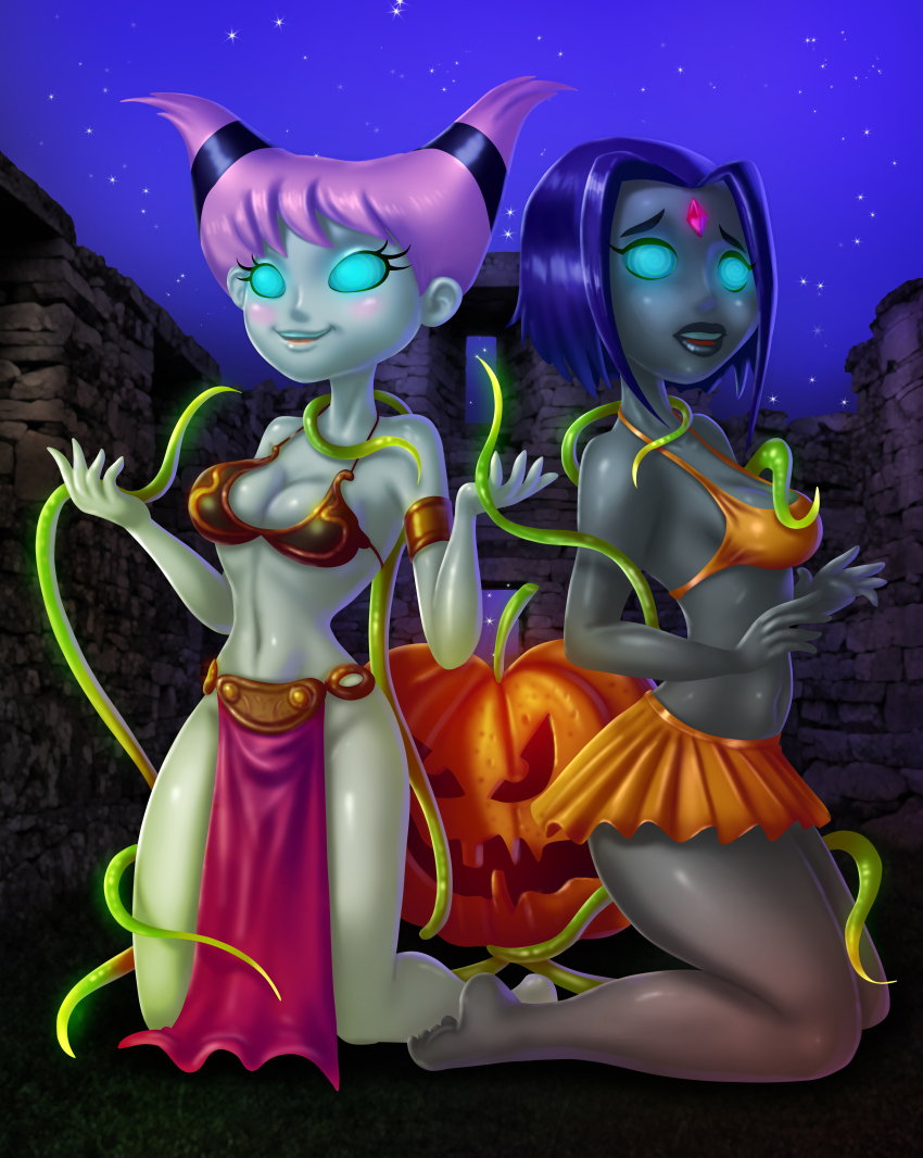 14-bis bare_shoulders bikini_top breasts cleavage dc_comics expressionless female_only femsub halloween happy_trance harem_outfit jack_o'_lantern jinx kneeling loincloth midriff multiple_girls multiple_subs open_mouth pink_hair pumpkin purple_hair raven short_hair short_skirt skirt slave_bikini smile spiral_eyes story teen_titans twintails western