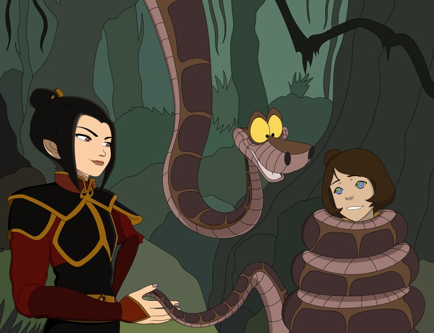 avatar_the_last_airbender azula black_eyes black_hair brown_eyes brown_hair coils crossover disney femdom femsub hand_on_hip happy_trance jinora kaa kaa_eyes legend_of_korra maledom restrained rubio515 short_hair smile snake the_jungle_book trees yellow_sclera