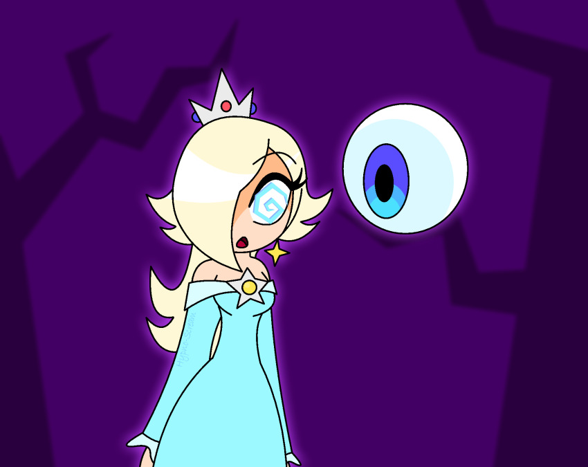 aura bare_shoulders blonde_hair blue_eyes cleavage clothed crown dress earrings emblem eyebrows_visible_through_hair eyelashes femsub floating forest gazer hair_covering_one_eye hypnoscream hypnotic_eyes jewelry leaning_forward mr._i nintendo outdoors princess_rosalina purple_background spiral_eyes super_mario_bros. super_mario_galaxy