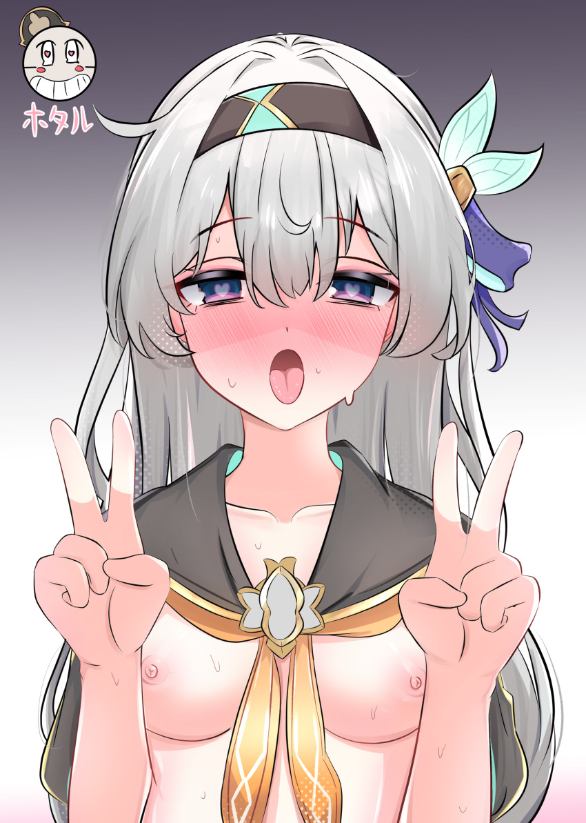 absurdres bangs blush clothed_exposure double_v female_only femsub firefly_(honkai_star_rail) hair_ornament hairband heart heart_eyes honkai_star_rail long_hair looking_at_viewer mcr_roggle nipples open_mouth silver_hair solo sweat symbol_in_eyes text tongue tongue_out topless v