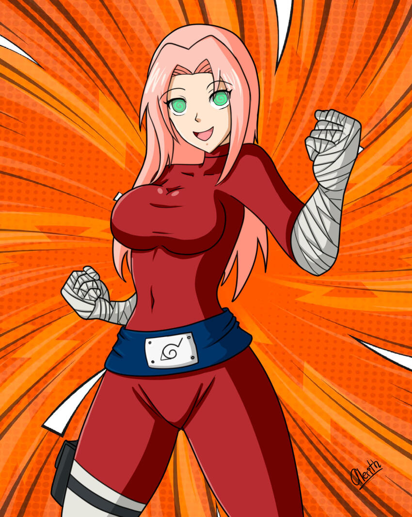 alerith bandage belt bodysuit female_only femsub green_eyes happy_trance naruto_(series) open_mouth pink_hair sakura_haruno short_hair signature smile solo spiral_eyes standing symbol_in_eyes