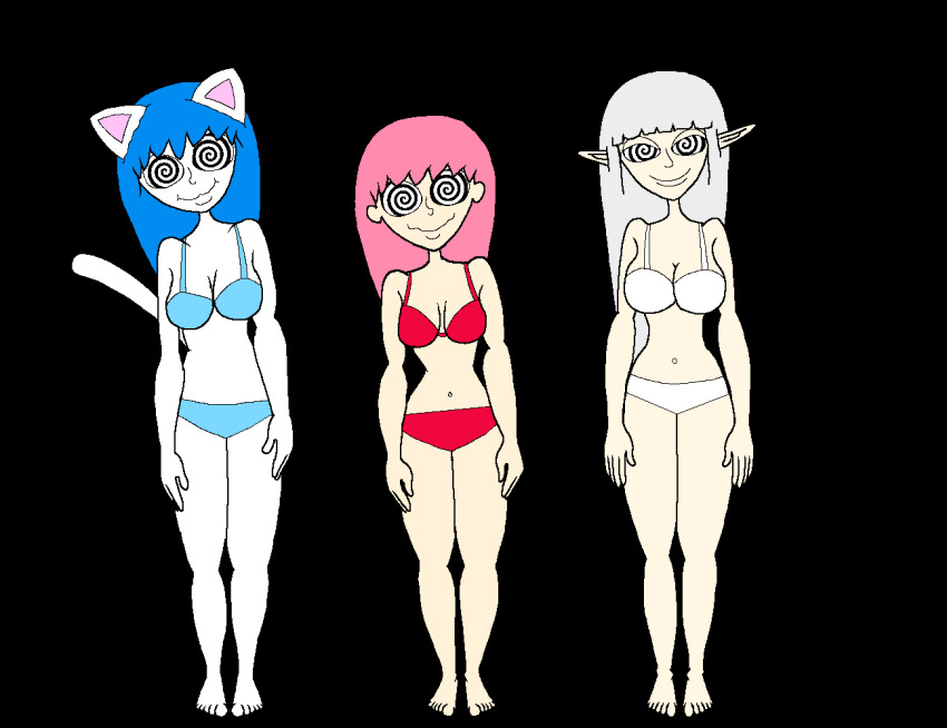 animal_ears animated animated_gif barefoot bikini blue_hair breasts cat_girl dazed elf_ears feet femsub happy_trance hypnobishoujoland hypnoquestionmark large_breasts long_hair original pink_hair spiral_eyes standing standing_at_attention symbol_in_eyes western white_hair
