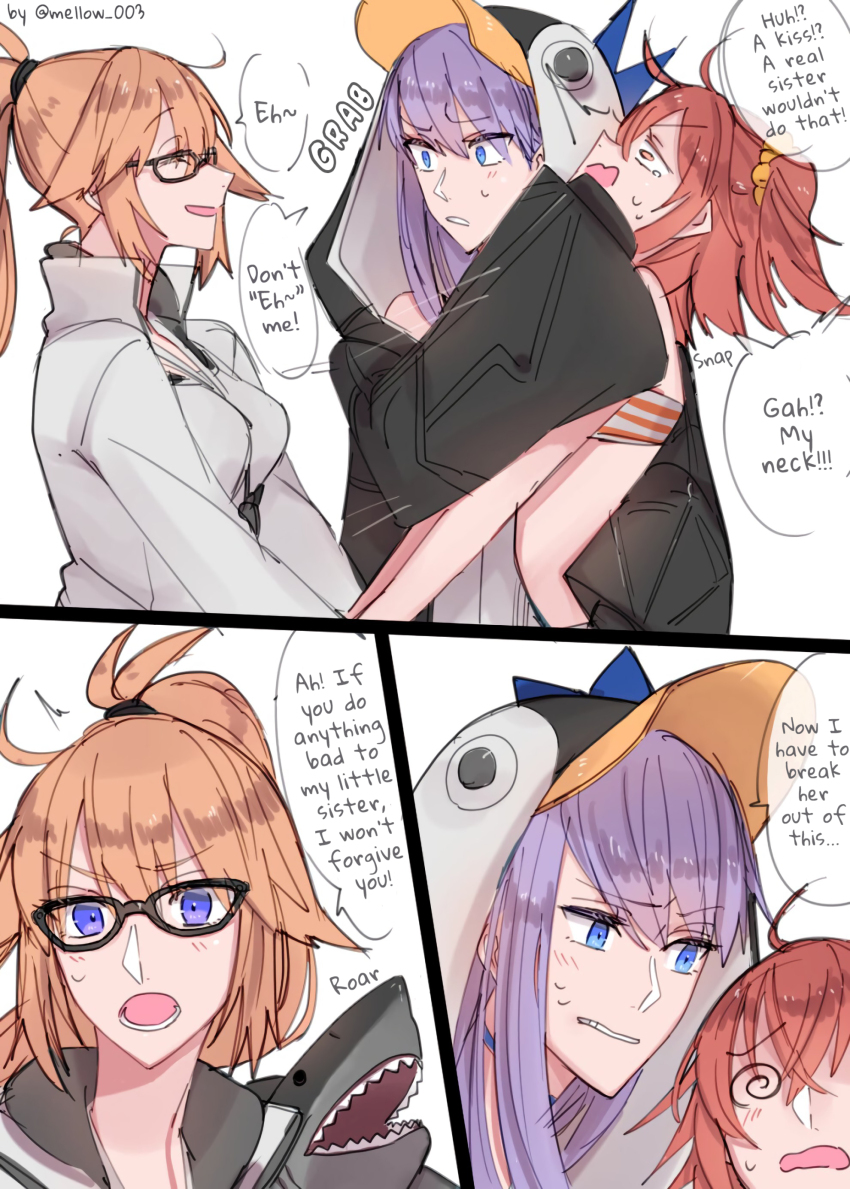 absurdres ahoge angry blonde_hair blue_eyes blush breasts choker clothed comic dialogue embarrassed english_text eyebrows_visible_through_hair fate/extra_ccc fate/grand_order fate_(series) female_only femdom femsub glasses hard_translated holding_hands jacket jeanne_d'arc_(fate) long_hair mellow_003 meltryllis multiple_girls open_mouth orange_eyes ponytail purple_hair red_hair reece_xp restrained ritsuka_fujimaru_(female) short_hair side_ponytail signature smile spiralwash_eyes surprised sweat swimsuit text translated very_long_hair yuri