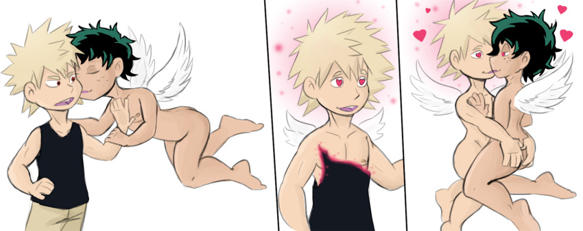 barefoot blonde_hair bottomless charm_(spell) comic cupid floating freckles green_hair happy_trance heart heart_eyes hypnotized_hypnotist izuku_midoriya katsuki_bakugo male_only maledom malesub mr.h my_hero_academia nude open_mouth short_hair sketch smile symbol_in_eyes topless transformation valentine's_day wings yaoi