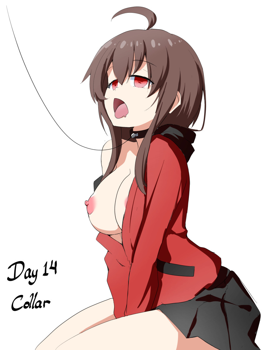 ahoge breasts breasts_outside brown_hair collar drool empty_eyes etlabsotwe female_only femsub haru_(yakai) hypnovember kneeling large_breasts leash open_clothes open_mouth original pet_play short_hair skirt solo tongue tongue_out