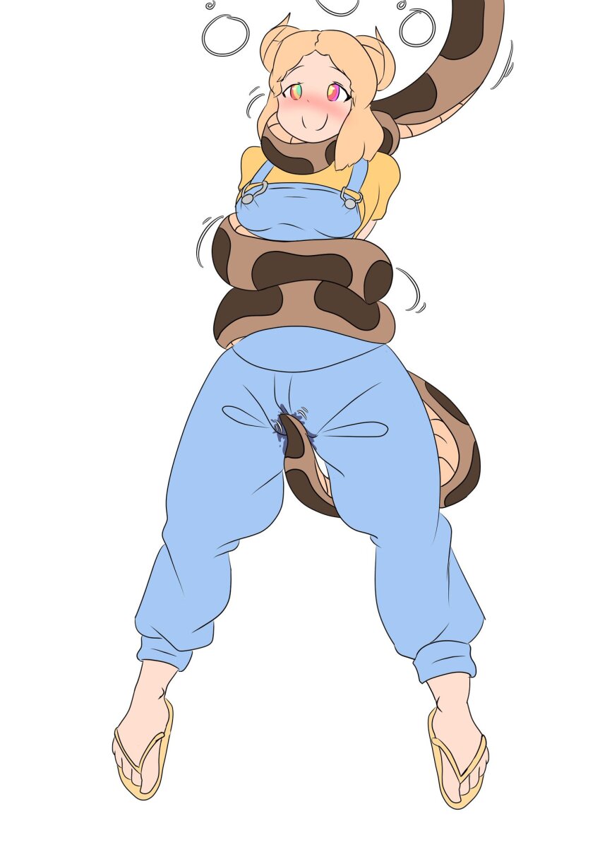 blonde_hair bottomless clothed coils crotch_rub dazed double_hair_bun feet femsub happy_trance jeans kaa_eyes original sandals smile snake sonazthewho suspenders symbol_in_eyes t-shirt wet xena_(sypt)