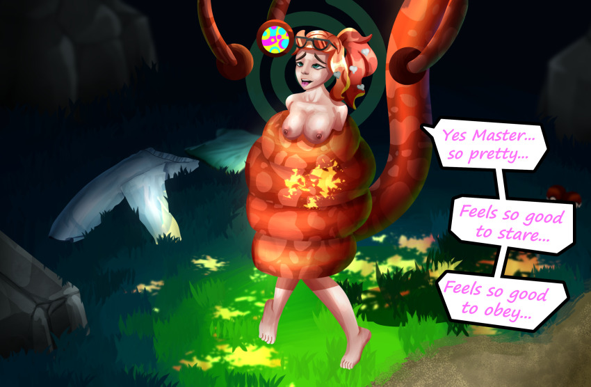 alien barefoot breasts coils collarbone dairydrop dialogue feet female_only femsub glasses good_sub_conditioning green_eyes hair_ornament heavy_eyelids hypnotic_tentacle long_hair nintendo nipples open_mouth outdoors pokemon pokemon_sword_and_shield restrained side_ponytail smile sonia_(pokemon) speech_bubble spiral tentacles text tongue tongue_out topless