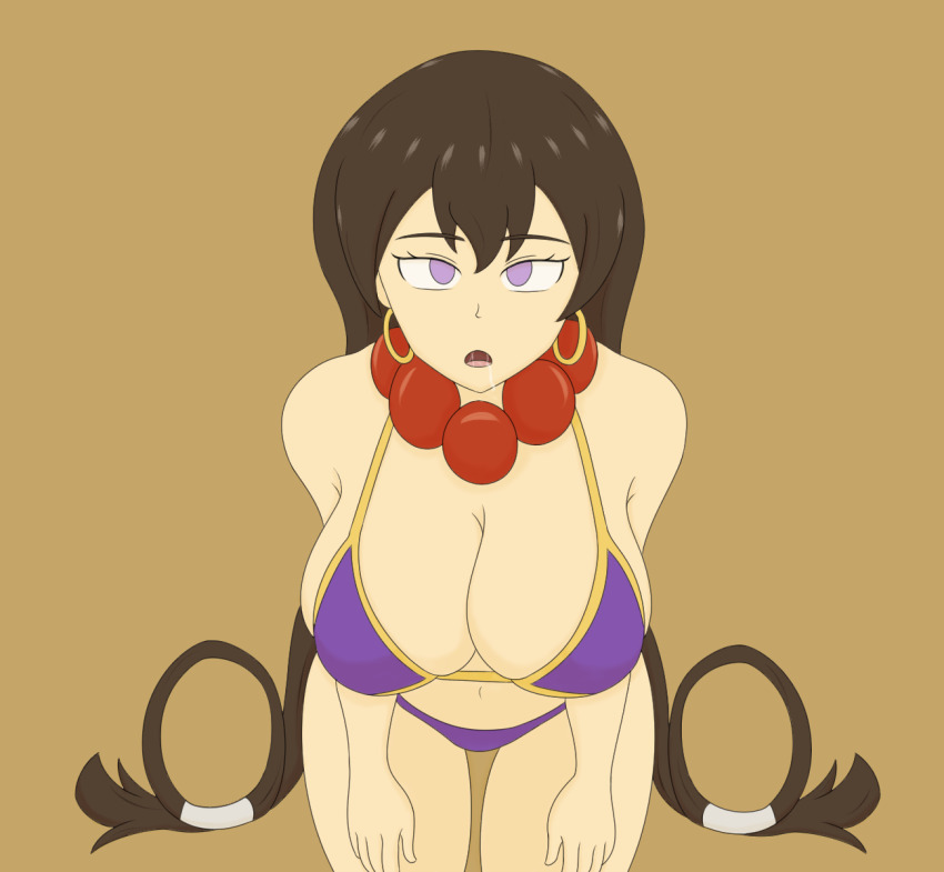 bikini breasts brown_hair cleavage crossed_eyes drool earrings empty_eyes eyebrows_visible_through_hair fate/grand_order fate_(series) female_only femsub jewelry kneeling large_breasts navel necklace open_mouth purple_eyes simple_background solo stallewds thigh_gap tongue very_long_hair xuanzang