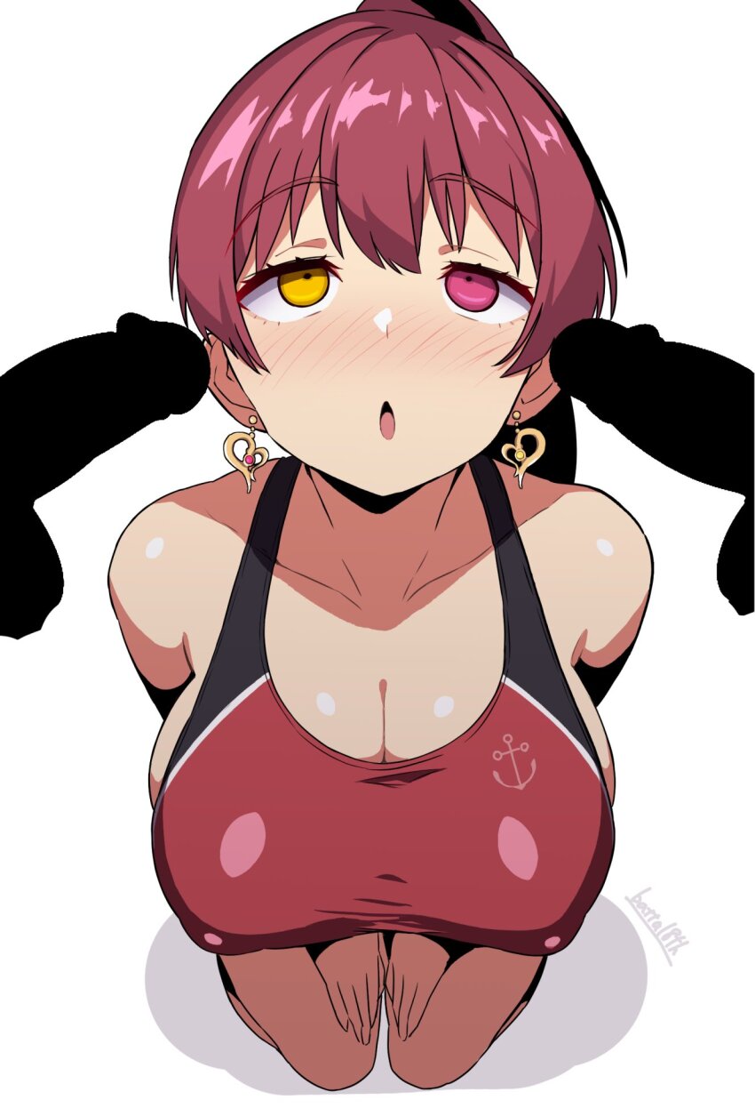 bare_shoulders batta18th blush breasts cleavage earrings empty_eyes expressionless femsub heart heterochromia hololive huge_breasts hypnotic_penis kneeling marine_houshou multiple_penises one-piece_swimsuit open_mouth penis ponytail red_eyes red_hair simple_background swimsuit virtual_youtuber white_background yellow_eyes