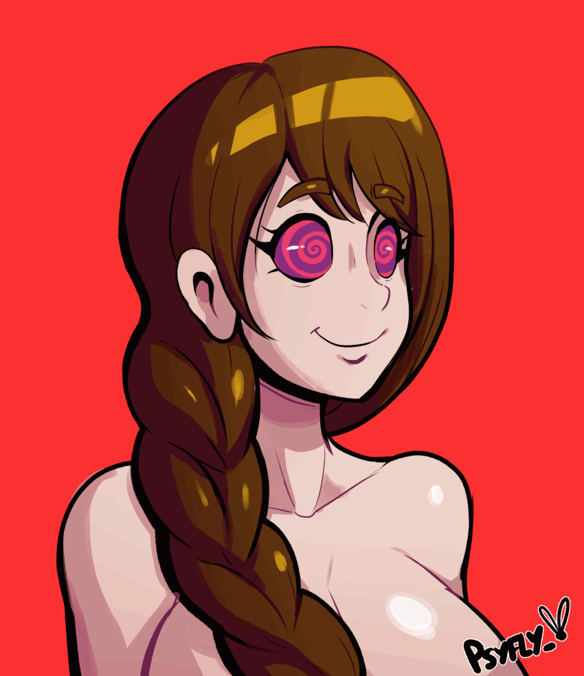 animated animated_eyes_only animated_gif braid brown_hair cleavage collarbone eyebrows_visible_through_hair femsub happy_trance large_breasts long_hair lucy_(silkmerchant) nude original ponytail psyfly signature simple_background smile spiral_eyes standing_at_attention topless