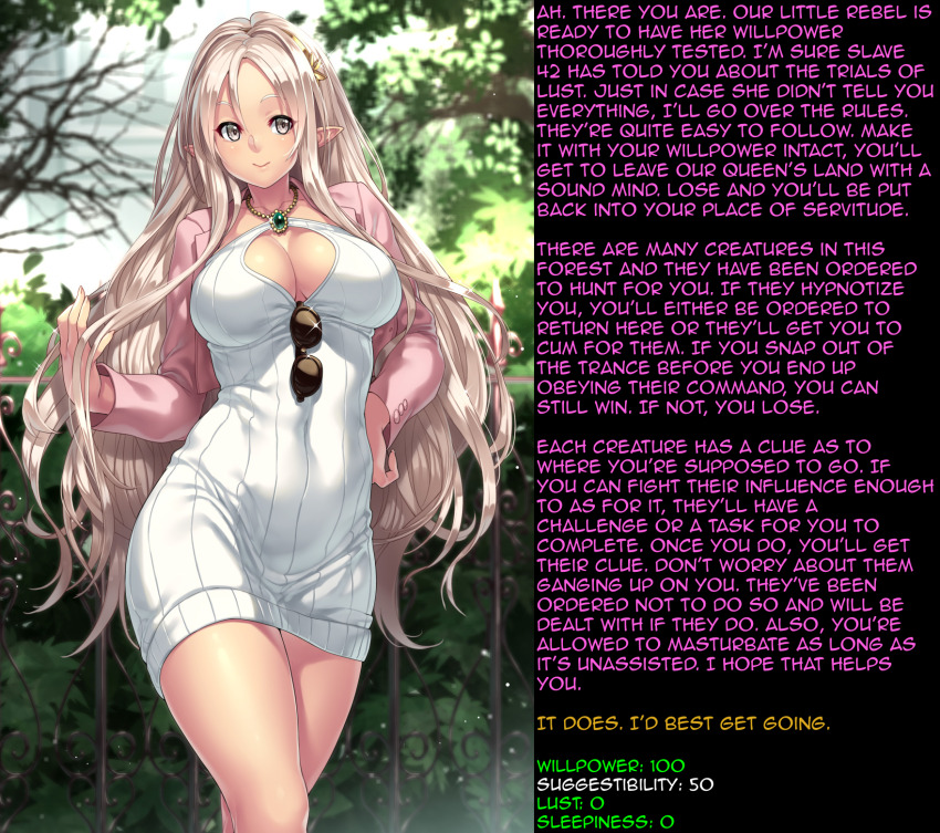 bare_legs blonde_hair breasts caption caption_only cleavage dress elf elf_ears erect_nipples female_only female_pov houtengeki hwd171_(manipper) large_breasts legs long_hair looking_at_viewer manip original pink_hair pov text very_long_hair