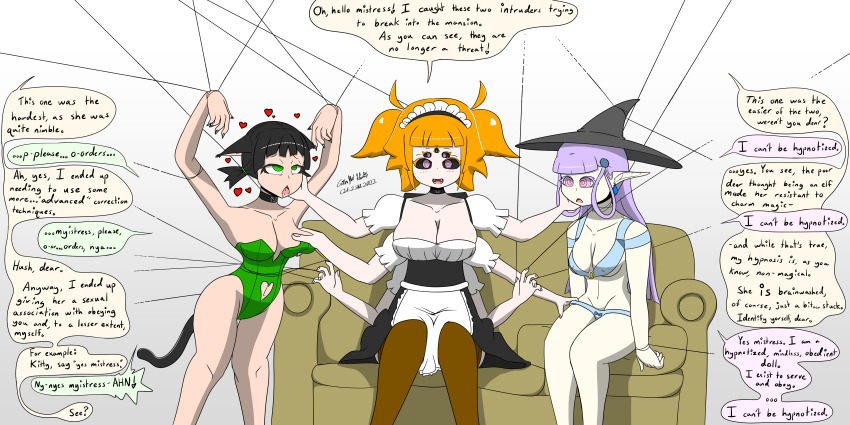 absurdres ahegao ahoge arms_above_head aware bangs bare_legs bare_shoulders bikini bikini_bottom bikini_top black_hair black_sclera bondage bow bra breasts bunnysuit cat_ears cat_girl cat_tail chin_hold choker cleavage couch dazed denial dialogue dress earrings elf elf_ears expressionless eyebrows_visible_through_hair eyelashes female_only femdom femsub floating good_sub_conditioning green_eyes groping happy_trance hat heart hypnotized_dom hypnotized_hypnotist large_breasts leggings long_hair maid maid_headdress multiple_arms multiple_eyes multiple_subs nail_polish orange_hair orgasm original panties pink_eyes puppet purple_hair sideboob signature simple_background sitting skirt slouching sobergin spider_girl spider_maid_(sobergin) spiderweb spiral_eyes text thick_thighs thighhighs thighs twintails unaware underboob unhappy_trance witch witch_hat