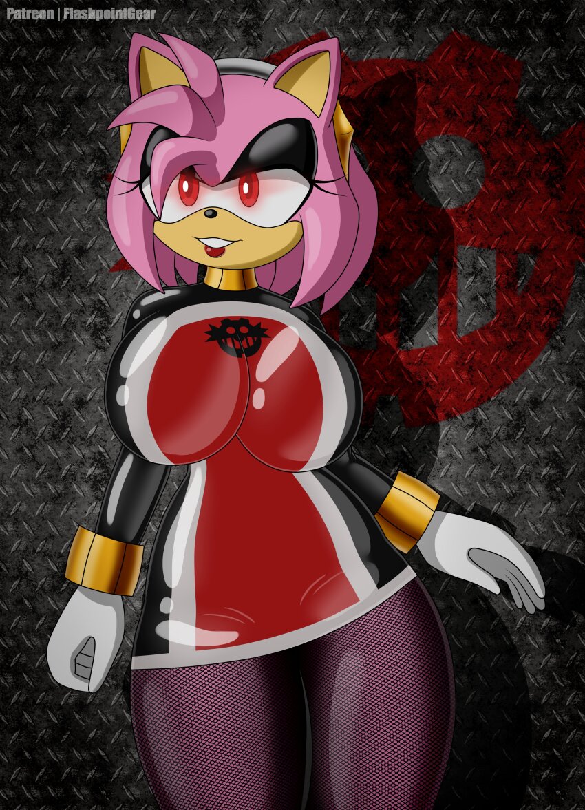 absurdres accent ahegao altered_common_sense alternate_costume amy_rose animal_ears bottomless clothed clothed_exposure collar exposed_chest eyelashes eyeshadow female_only femsub fishnets flashpointgear furry gloves glowing glowing_eyes happy_trance hedgehog_girl large_breasts latex leggings lipstick red_eyes rubber seductive_smile smile smirk solo sonic_the_hedgehog_(series) standing tech_control tight_clothing