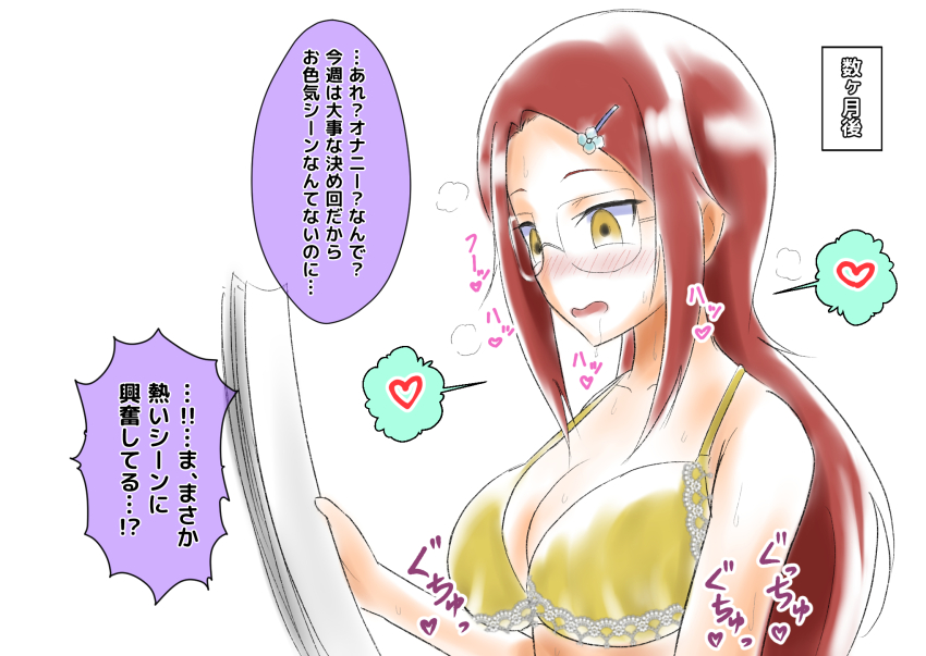 blush bra breasts dialogue drool empty_eyes femsub glasses hairpin long_hair na_shacho necklace original red_hair text translated underwear yellow_eyes