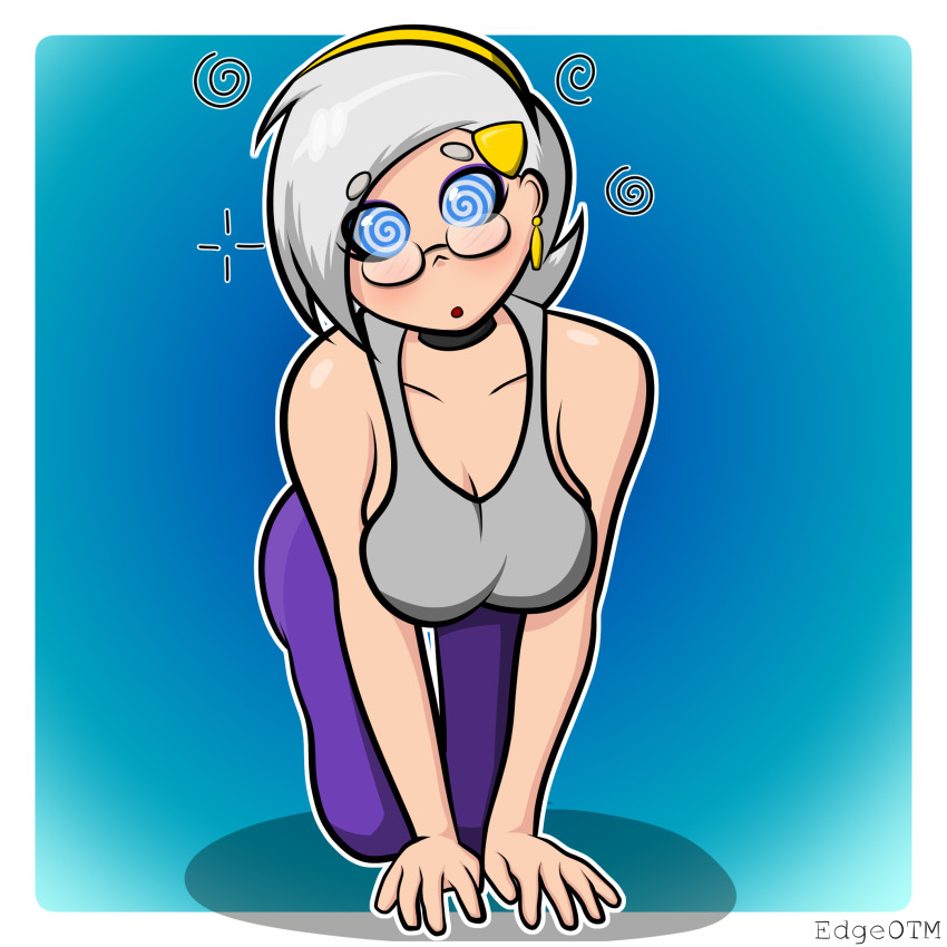 all_fours blue_eyes blush cleavage collarbone deejay_(zmt62) earrings edgeofthemoon expressionless female_only femsub glasses gradient_background grey_hair hair_band hair_ornament huge_breasts looking_at_viewer open_mouth original pants signature simple_background sparkle spiral spiralwash_eyes tank_top white_hair