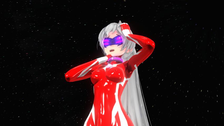 3d black_background bodysuit collar corruption erect_nipples_under_clothes eye_mask female_only femsub genderswap glowing grey_hair mask mmd open_mouth original personification resisting simple_background solo tech_control ultraman youknow