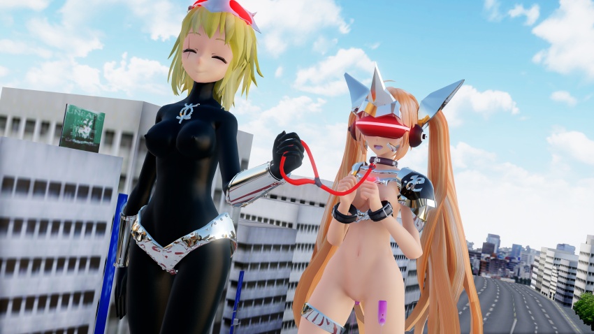 3d ahoge blonde_hair bodysuit bracers breasts cables closed_eyes clothed_exposure collar cuffs erect_nipples erect_nipples_under_clothes femdom genderswap giantess handcuffs happy_trance headphones mmd multiple_girls navel open_mouth orange_hair original personification pet_play pussy scar short_hair shoulder_pads smile tech_control thong twintails ultra_lady_leona_(gniidan1) ultraman vaginal vibrator visor youknow